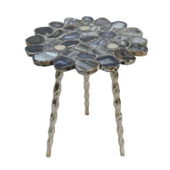 19" Black Agate Side Table With Brass Inlay And Tri Legs