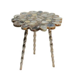 19" Gold Agate Side Table With Brass Inlay And Tri Legs