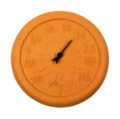 12" Terra Cotta Embossed Sun Indoor Or Outdoor Wall Thermometer