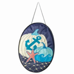 18” Blue Canvas Embroidered Nautical Pumpkins Oval Door Banner