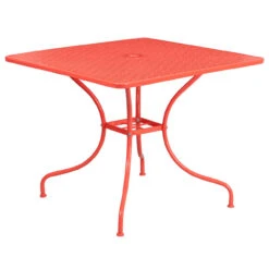 35.5" Coral Red Contemporary Square Outdoor Furniture Patio Table With Umbrella Hole