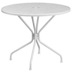 35.25" White Contemporary Round Outdoor Patio Table With Umbrella Hole
