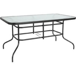 55" Black And Clear Rectangular Glass Outdoor Furniture Patio Table