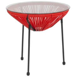 19.75" Red And Clear Oval Glass Outdoor Furniture Patio Bungee Table