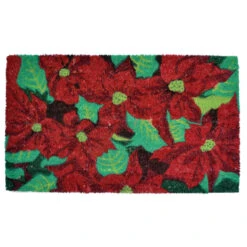 Rectangular Skid Free Coir Christmas Doormat With Poinsettia Design 30" X 18"