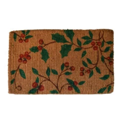 Rectangular Handwoven Coir Christmas Doormat With Holly And Berries Design 30" X 18"