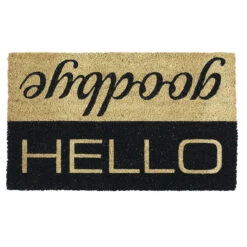 18" X 30" Beige And Black Rectangular Durable And Non-Slip Doormat With "Hello Goodbye" Design