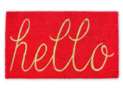 18" X 30" Red And Beige Rectangular Durable And Non-Slip Doormat With "Coral Hello" Design
