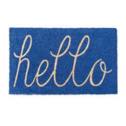 18" X 30" Blue And Yellow Durable And Non-Slip Doormat With "Blue Hello" Design