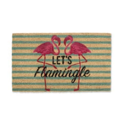 18" X 30" Beige And Teal Green Durable And Non-Slip Stripe Doormat With "Lets Flamingle" Design