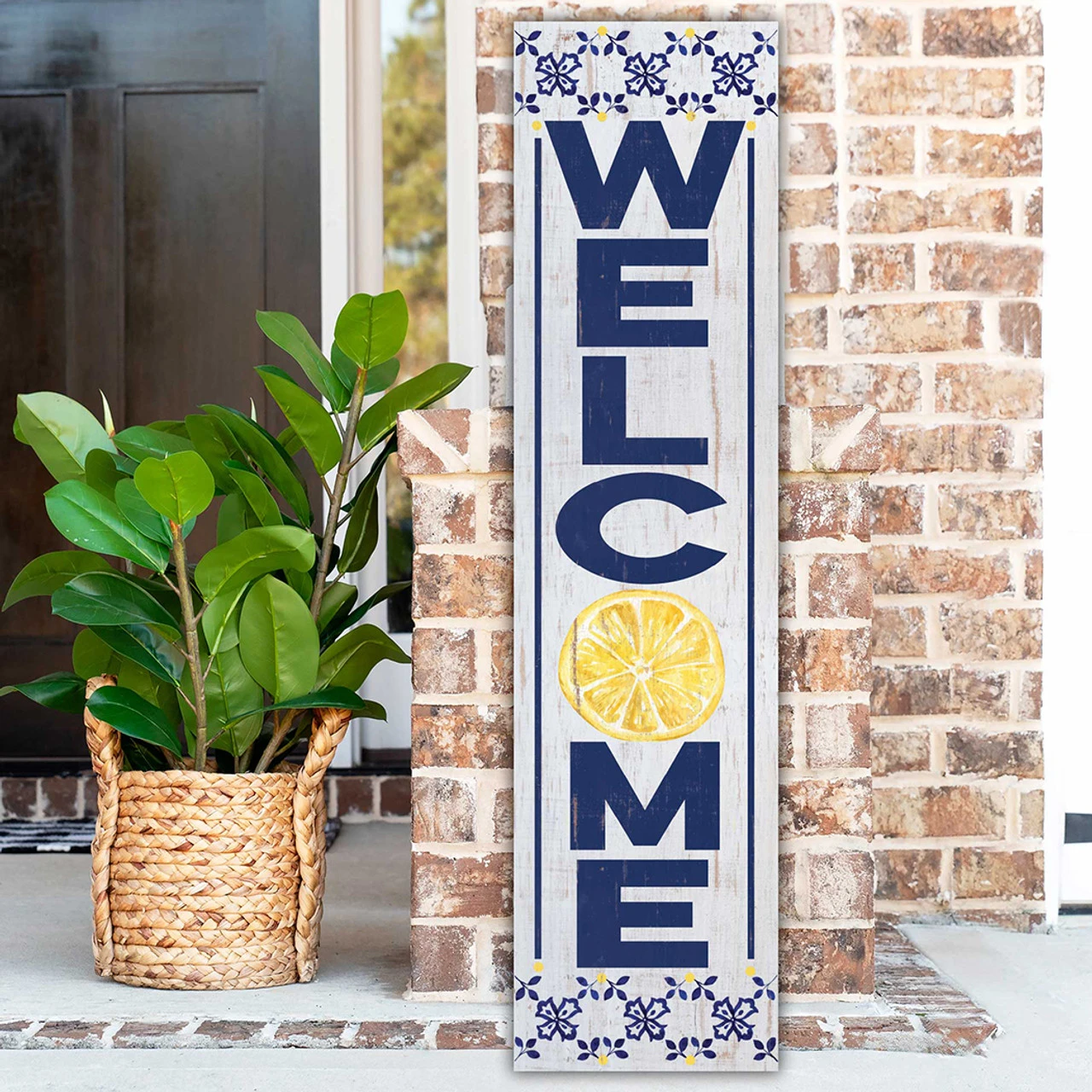 48" Yellow And Blue "Welcome" Lemon Outdoor Leaning Porch Sign - Image 2