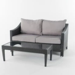 2-Piece Gray Finish Wicker Outdoor Furniture Patio Chat Set - Silver Cushion