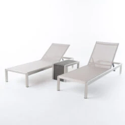 3-Piece Gray Wicker Outdoor Furniture Patio Mesh Chaise Lounge Set With C-Shaped End Table
