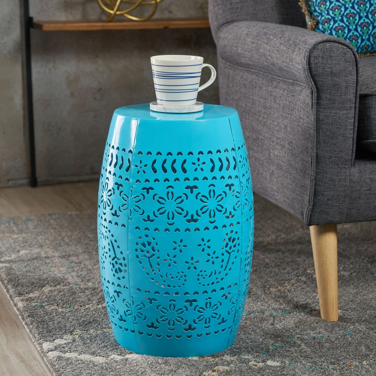 18" Blue Valley Lace Cut Outdoor Patio Accent Side Table - Image 6