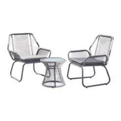 3-Piece Gray And White Wicker Outdoor Furniture Patio Chat Set - Gray Cushions