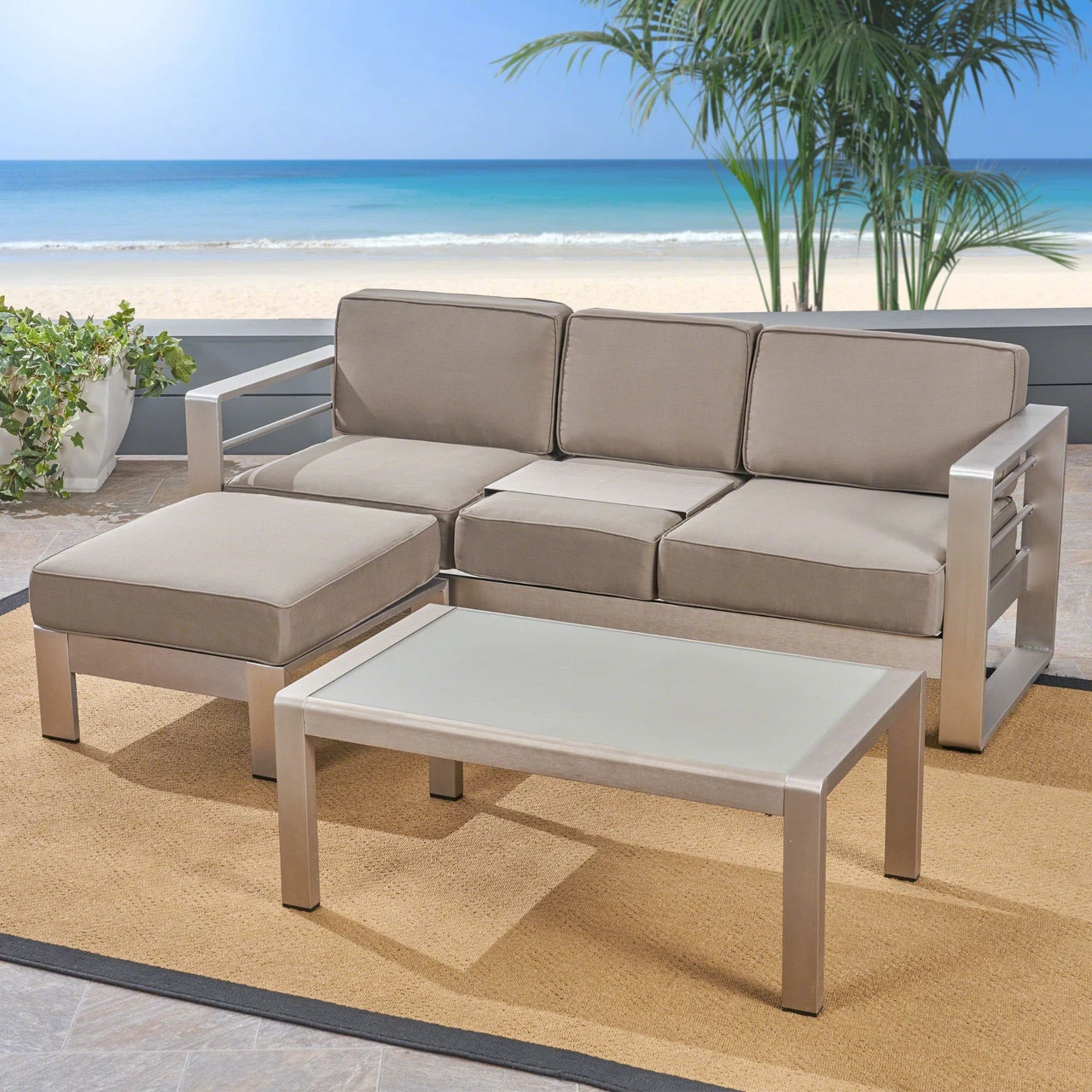 3pc Gray And Silver Contemporary Outdoor Chat Set With Cushions - Image 2