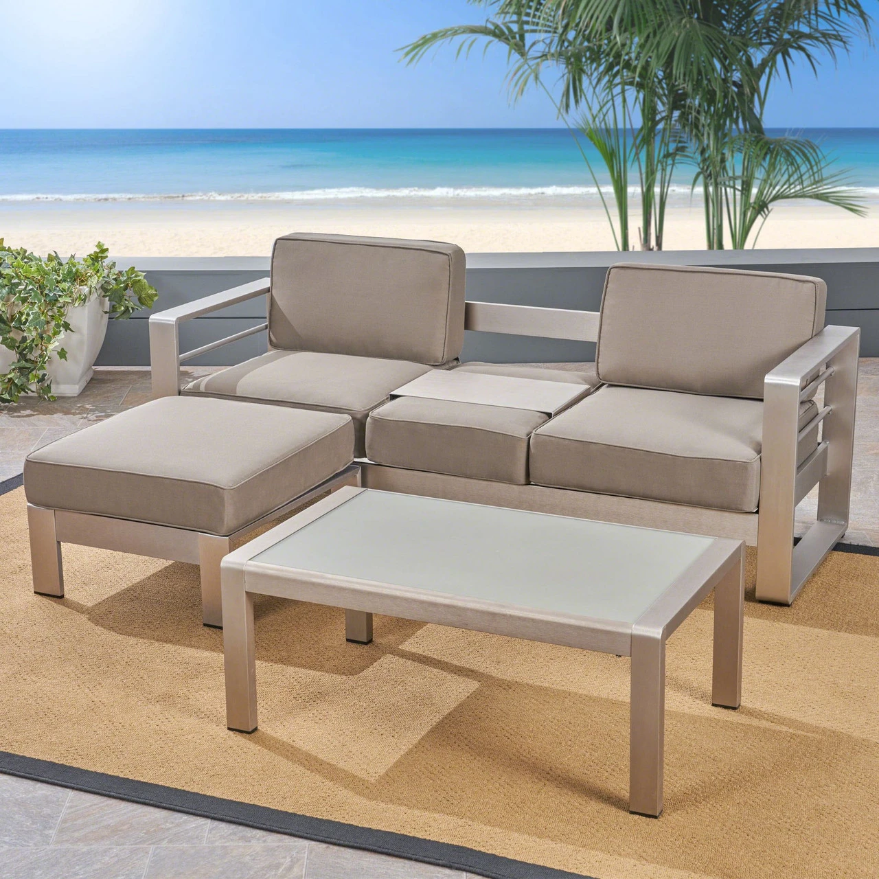 3pc Gray And Silver Contemporary Outdoor Chat Set With Cushions - Image 3