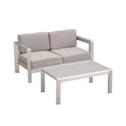2pc Silver And Gray Contemporary Outdoor Chat Set With Cushions