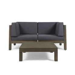 3-Piece Gray Contemporary Wood Outdoor Furniture Patio Chat Set - Dark Gray Cushions