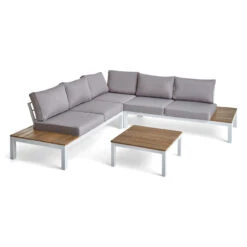 4-Piece Light Gray Aluminum And Wood Outdoor Furniture Patio Sofa Set - White Cushions