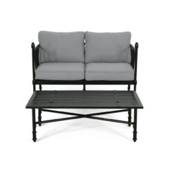 51.5" Black And Beige Outdoor Patio Loveseat And Coffee Table