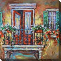 Gray And Brown Blooming Balcony Outdoor Canvas Square Wall Art Decor 24" X 24"