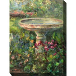 Green And Brown Birdbath Outdoor Canvas Rectangular Wall Art Decor 40" X 30"