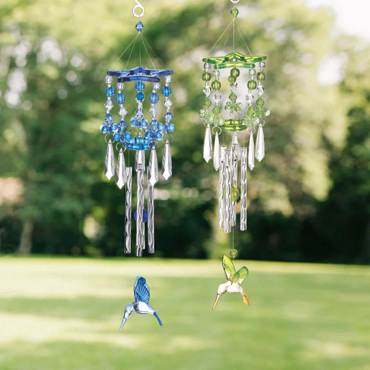 13" Blue And Silver Hummingbird Outdoor Wind Chimes - Image 2