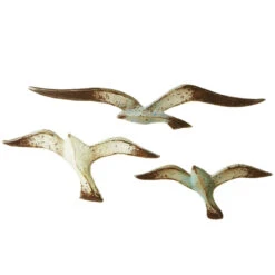 Set Of 3 Metallic Distressed Flying Seagull Decorative Wall Decor 24"