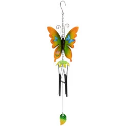 15.75" Orange And Green Metal Butterfly Outdoor Garden Windchime