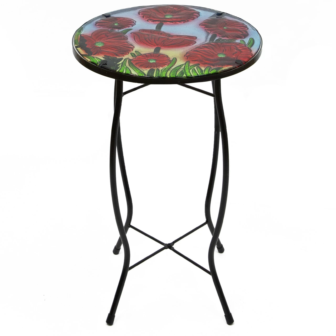 19" Red Floral Poppies Glass Patio Side Table