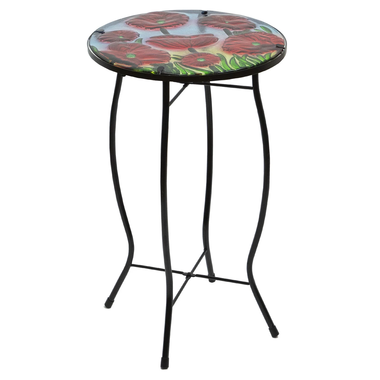 19" Red Floral Poppies Glass Patio Side Table - Image 4