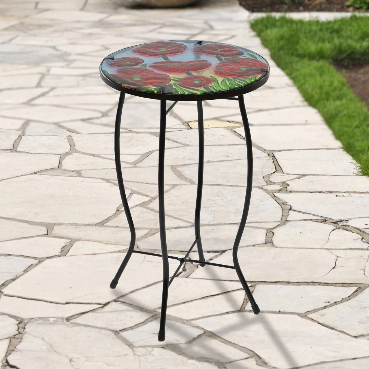 19" Red Floral Poppies Glass Patio Side Table - Image 2