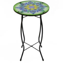 19" Green And Blue Peacock Flower Tail Glass Patio Side Table