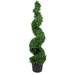 5' Artificial Cedar Spiral Topiary Tree In Black Pot, Unlit