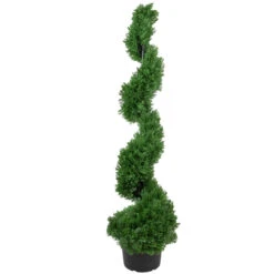 4' Artificial Cedar Spiral Topiary Tree In Black Pot, Unlit