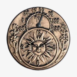 12" Antique Gold Terra Cotta Embossed Sun And Flowers Indoor Or Outdoor Wall Clock Thermometer