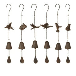 Set Of 6 Rusted Brown Outdoor Patio Bird And Animals Wind Chime Cast Iron 18.75"