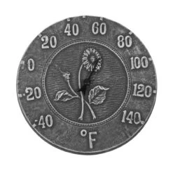 12" Weathered Gray Terra Cotta Embossed Sunflower Indoor Or Outdoor Wall Thermometer